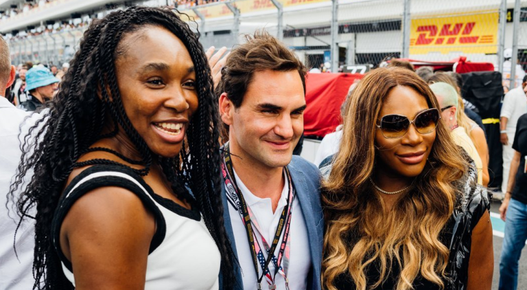 50 Slams em uma foto: Federer, Venus e Serena Williams se encontram em corrida da Fórmula 1