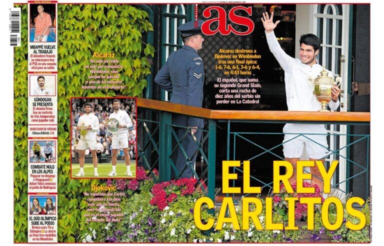 Alcaraz estampa as capas de jornais após título em Wimbledon