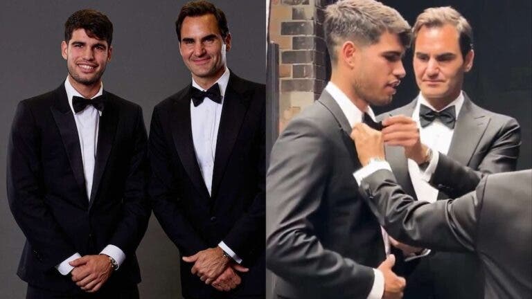 Federer e Alcaraz ‘roubaram’ a cena na gala da Laver Cup, e o suíço até ajeitou o laço do espanhol