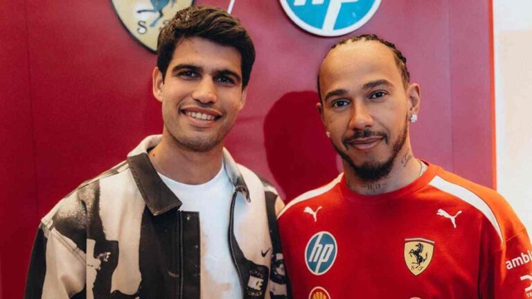 Alcaraz foi assistir aos testes de Fórmula 1 no Bahrain e tirou fotografias com Hamilton, Leclerc, Sainz e Alonso